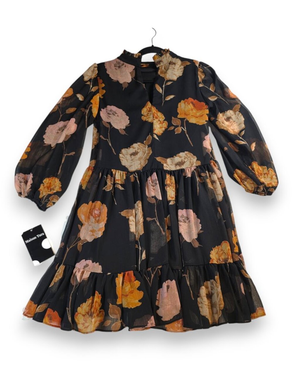 Maison Tara Black Floral Tiered Ruffle Dress, Size 4 NWT